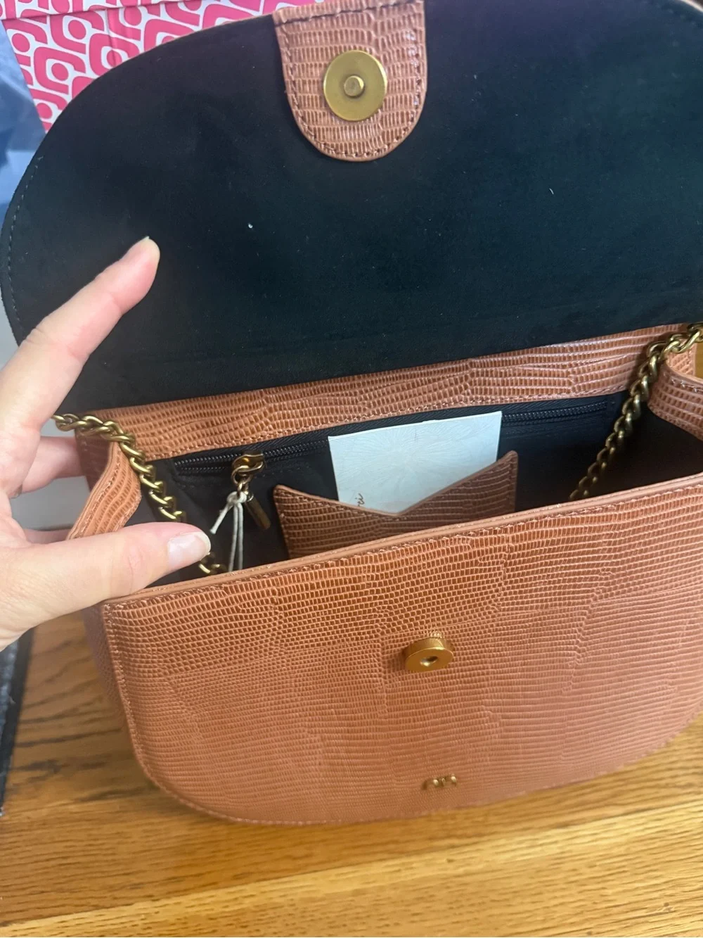Tan Textured Leather Crossbody Bag with Gold Chain
